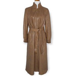 Vtg 100% Leather Maxi Belted Trench Coat Size M/L Removable Rabbit Fur Liner